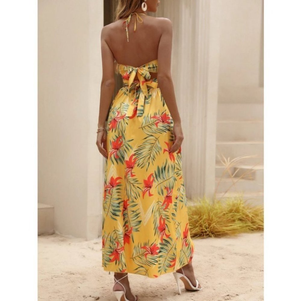 Yellow Tropical print Maxi dress with thigh slit - Picture 7 of 10